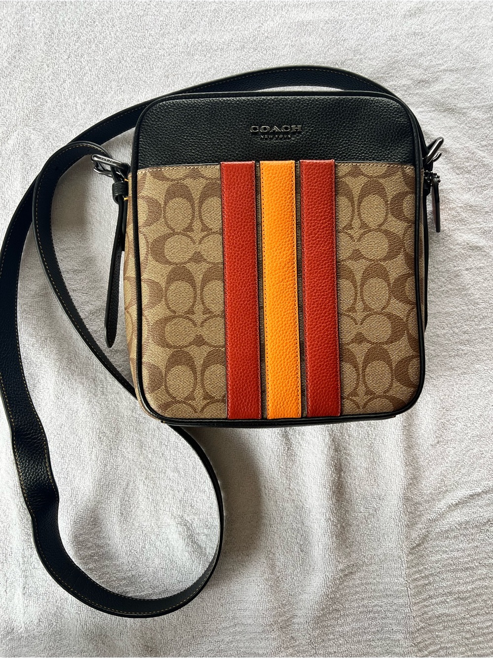 Coach Signature Canvas Messenger Bag with Red & Orange Center Stripes